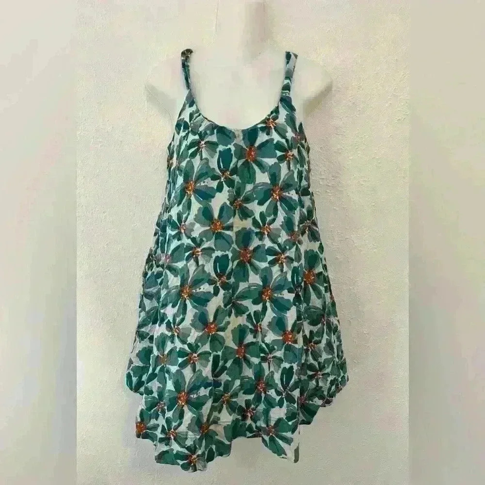Becool Womens Green/Orange Fit & Flare Dress Floral Sleeveless Scoop Neck Sz S